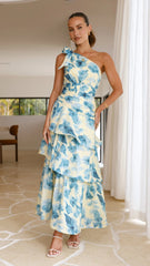 Odilie One Shoulder Maxi Dress - Yellow/Blue Floral