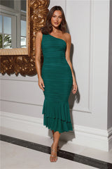 In The Twilight One Shoulder Mesh Maxi Dress Green