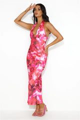 Ink Paint Halter Satin Maxi Dress Pink