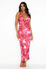 Ink Paint Halter Satin Maxi Dress Pink