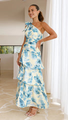 Odilie One Shoulder Maxi Dress - Yellow/Blue Floral