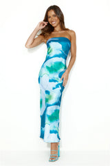 Impressive Girl Strapless Satin Maxi Dress Blue