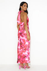 Ink Paint Halter Satin Maxi Dress Pink