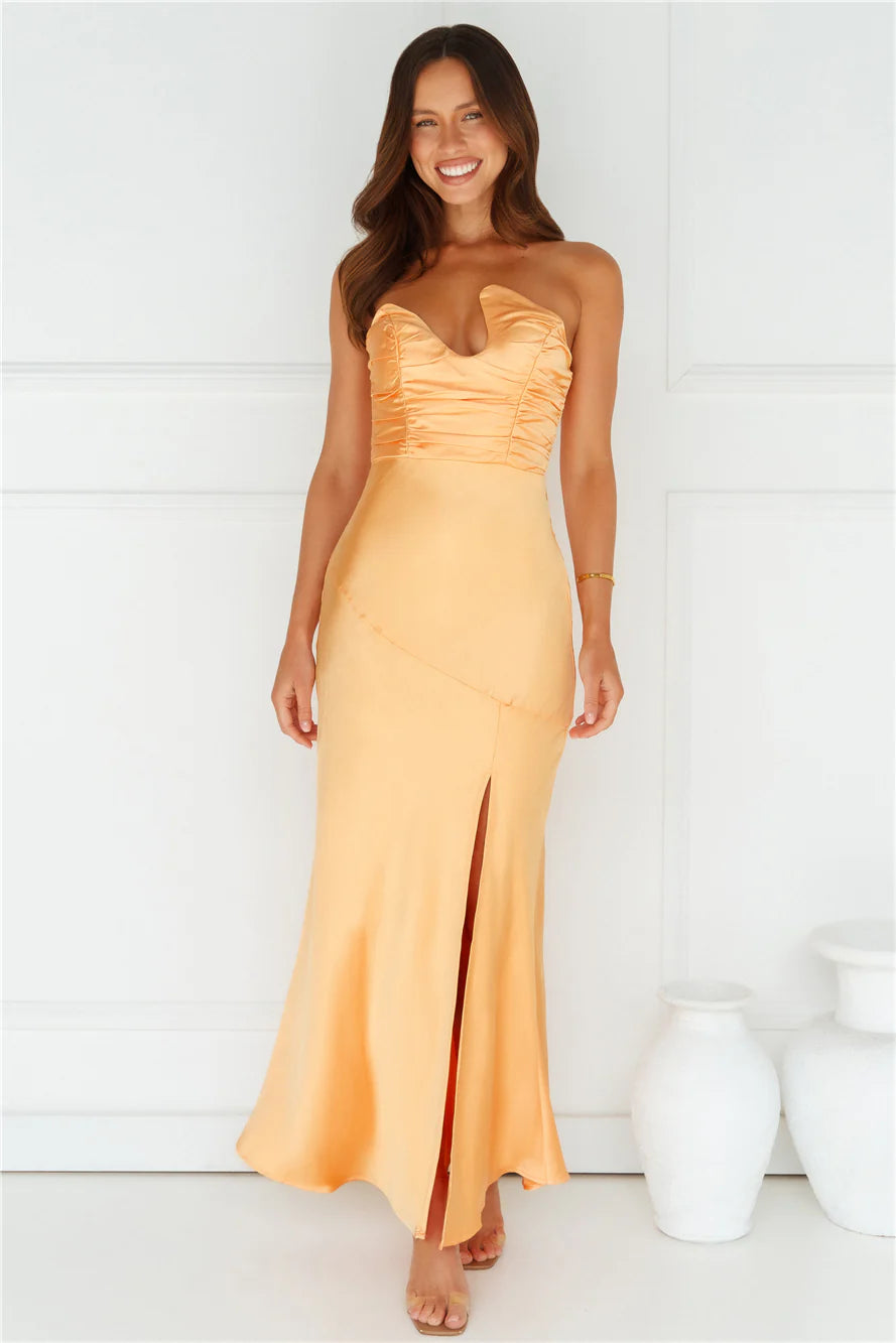 Happy Glow Strapless Satin Maxi Dress Orange