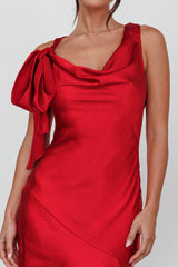 Averie Bow Shoulder Split Midi Dress Red