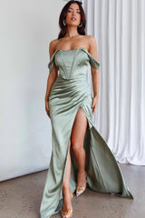 Novara Corset Bust Satin Dress Olive