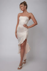 Diony Strapless Ruffle Hem Midi Dress Oyster