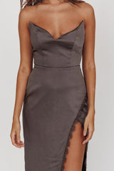 Winter Moon Strapless Lace Trim Midi Dress Charcoal