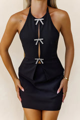 Jewel Bow Halter Top Black