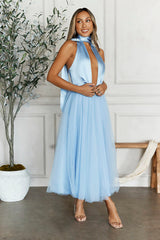 Highest Level Satin Tulle Midi Dress Blue