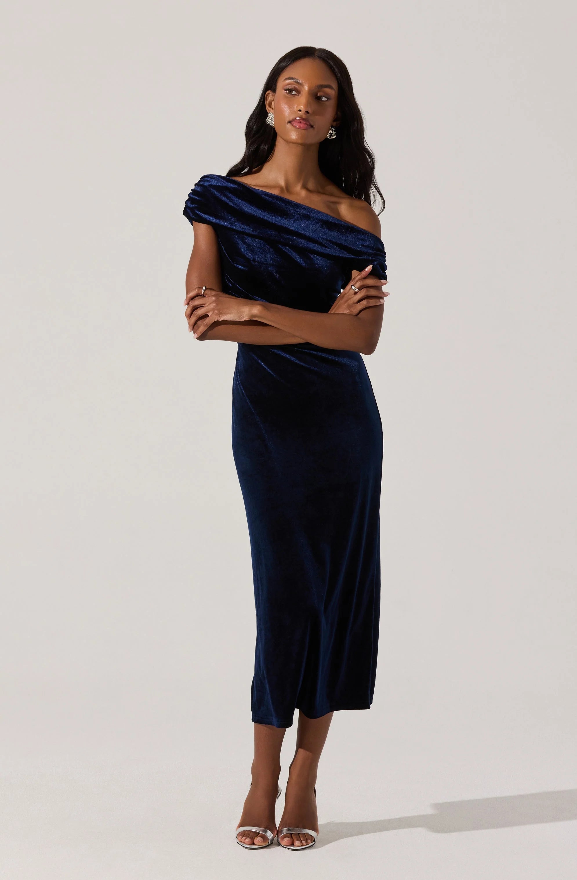 Velvet Off Shoulder Midi Dress