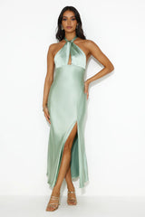 High Shine Nights Halter Satin Maxi Dress Sage