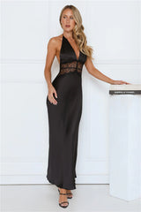 Ibiza Twilight Satin Lace Maxi Dress Black