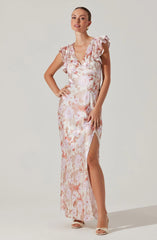 Satin Flutter Sleeve Maxi Dress