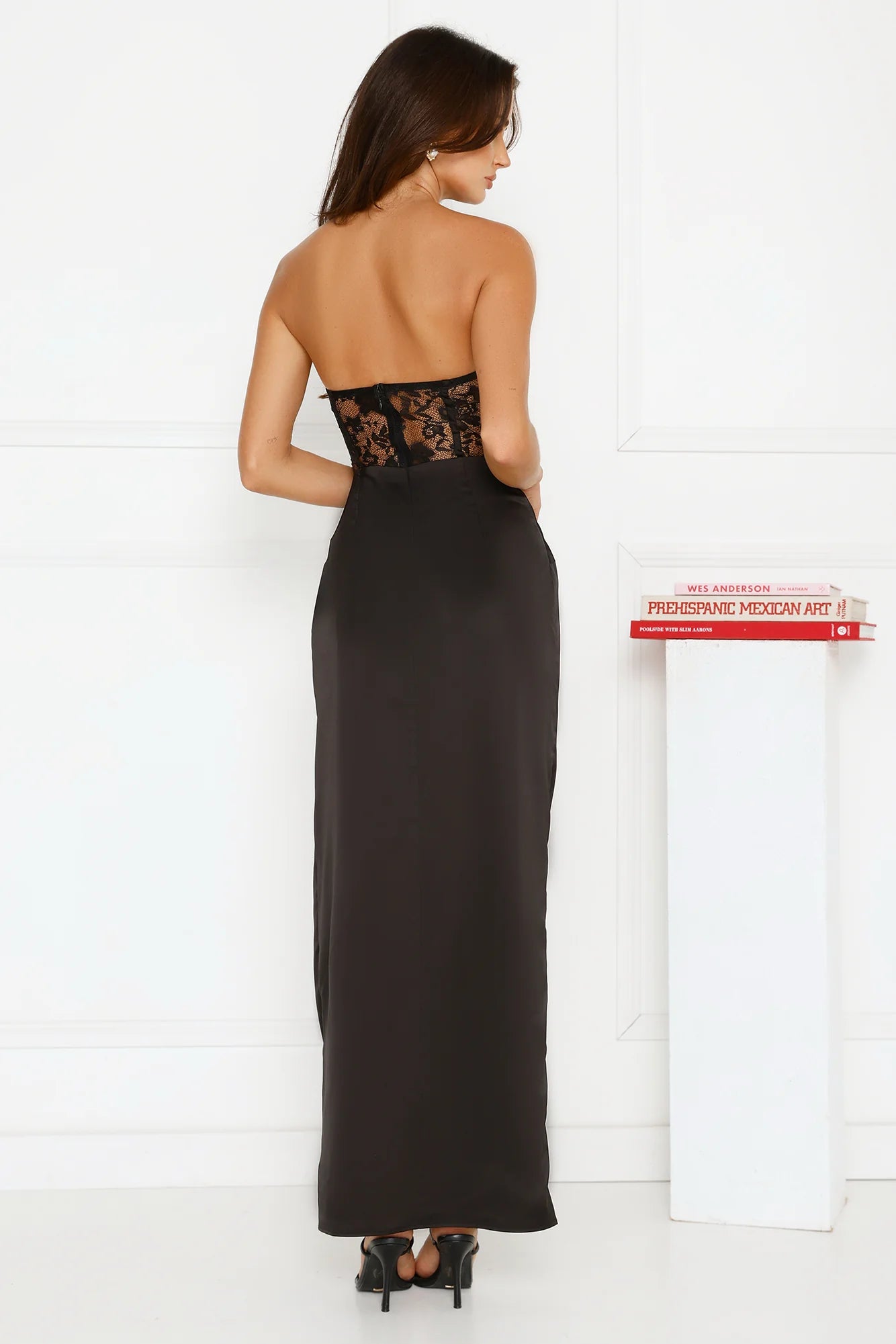 J'adore Lace Satin Strapless Maxi Dress Black