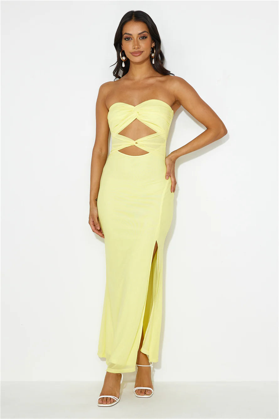 Hottest Date Mesh Strapless Maxi Dress Yellow