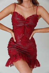 St Tropez Cami Strap Frill Hem Lace Mini Dress Wine