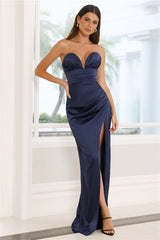Kiss At Midnight Strapless Satin Maxi Dress Navy