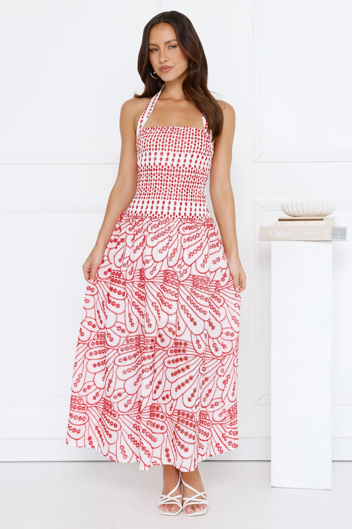 Leona Halter Embroidered Maxi Dress Red