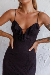 Evaleigh Frill Trim Lace Midi Dress Black