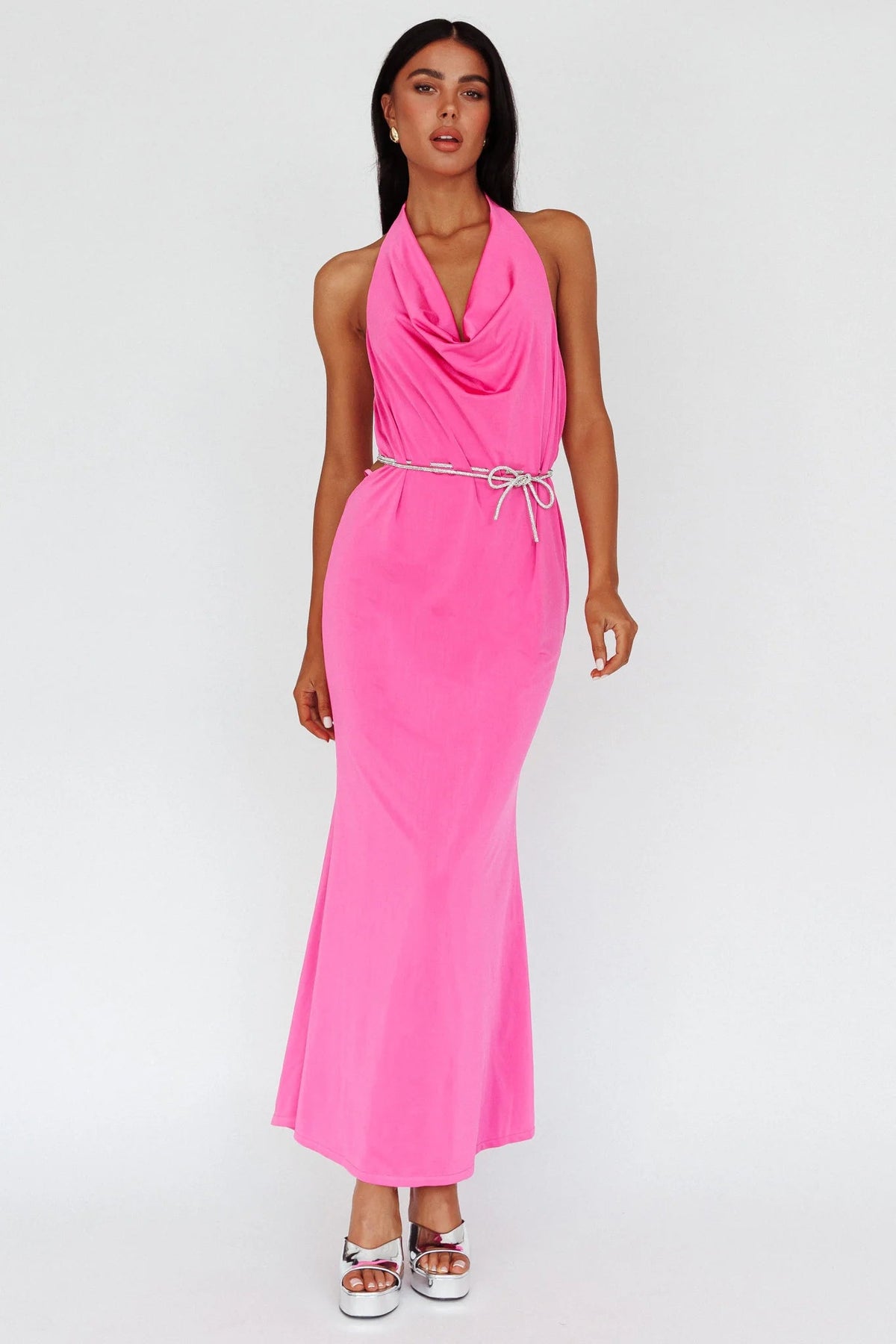 Emmi Cowl Neck Diamante Rope Dress Magenta
