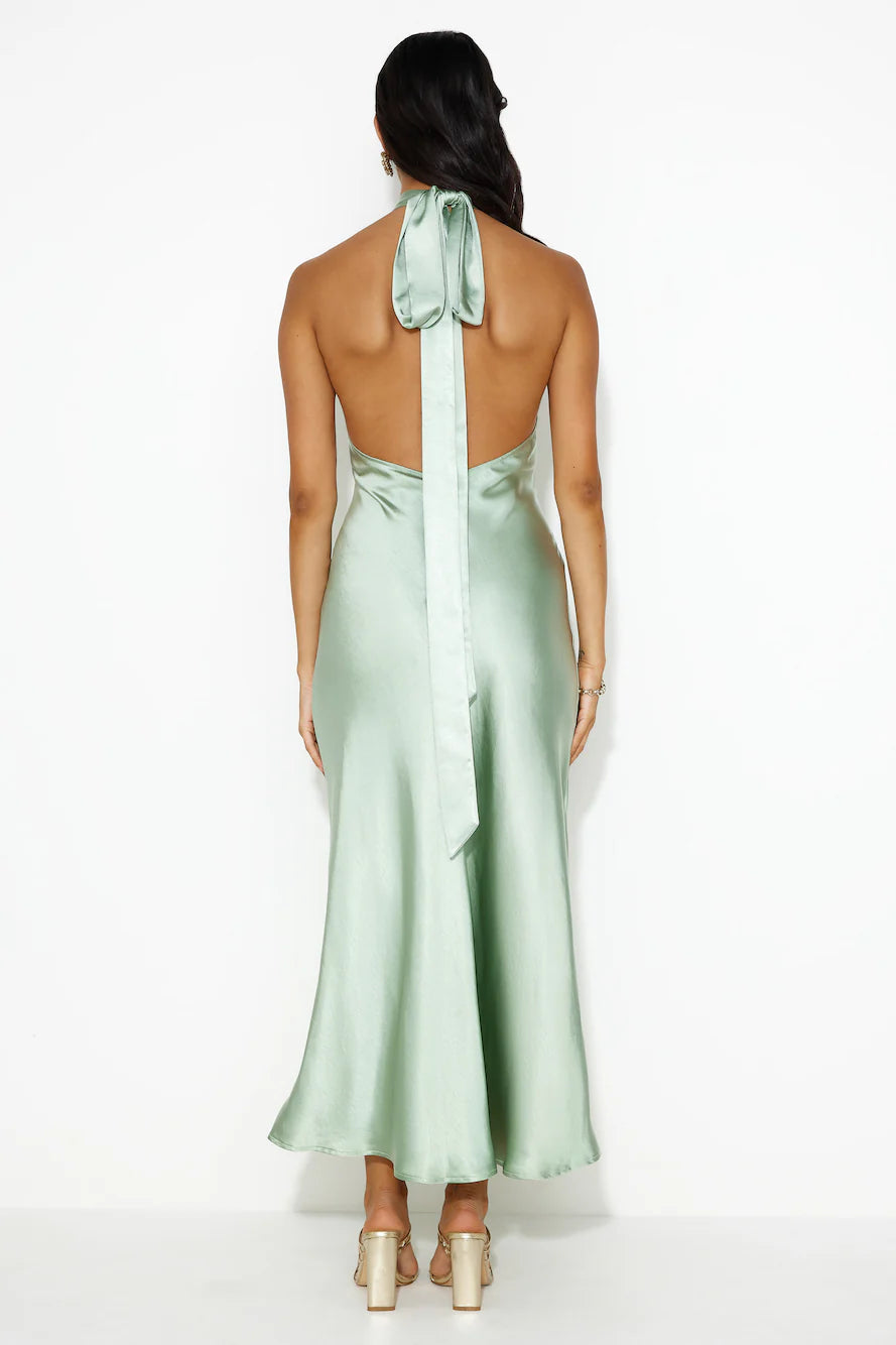 High Shine Nights Halter Satin Maxi Dress Sage