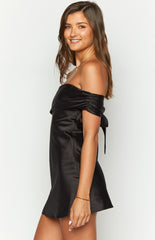 Primrose Black Satin Off the Shoulder Mini Dress
