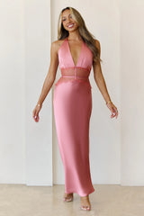 Ibiza Twilight Satin Lace Maxi Dress Rose