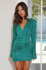 Hype Girl Plisse Long Sleeve Mini Dress Green