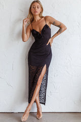 Evaleigh Frill Trim Lace Midi Dress Black