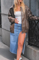 Abbi PU Vintage Brown Bomber Jacket