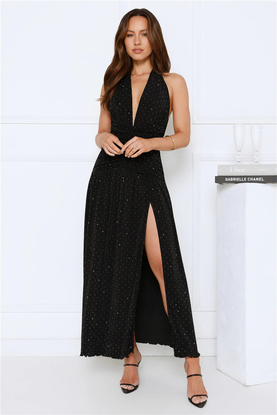 High Society Nights Halter Maxi Dress Black
