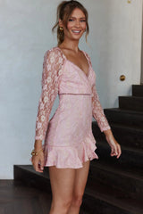 Hali Long Sleeve Surplice Neckline Lace Dress Blush