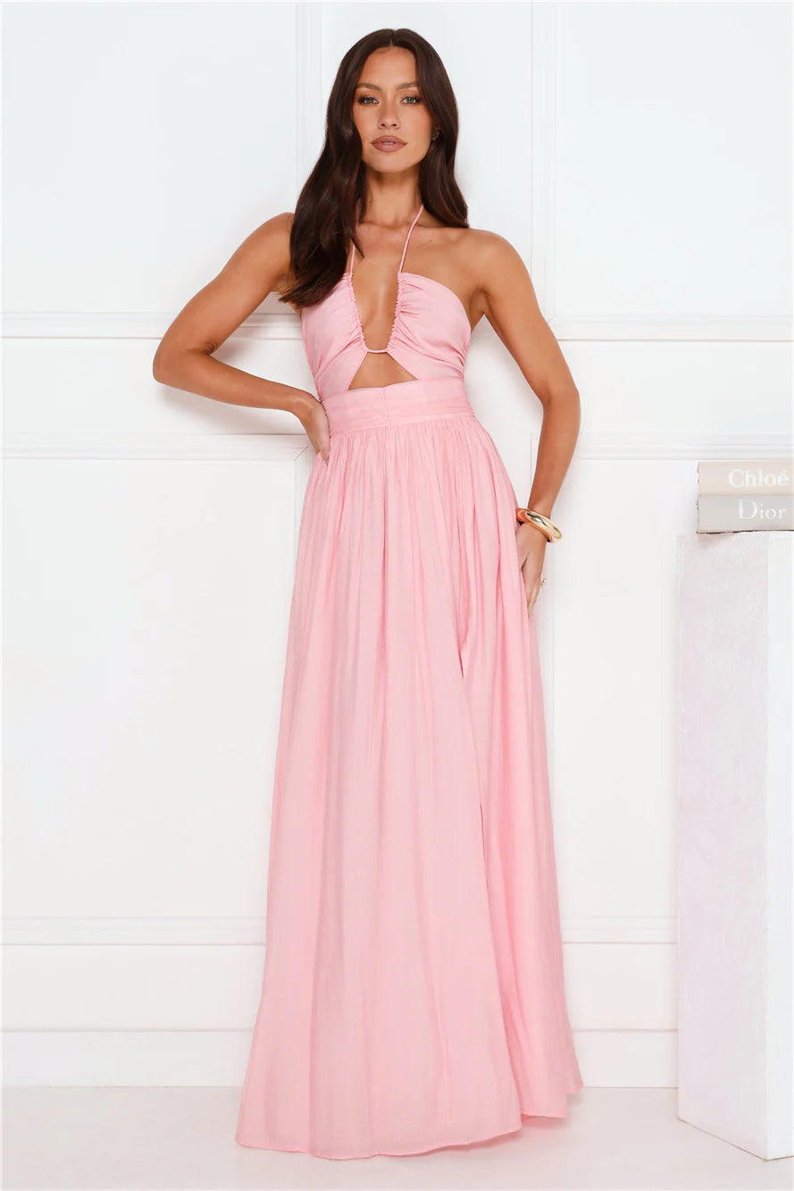 Hibiscus Hues Halter Maxi Dress Pink