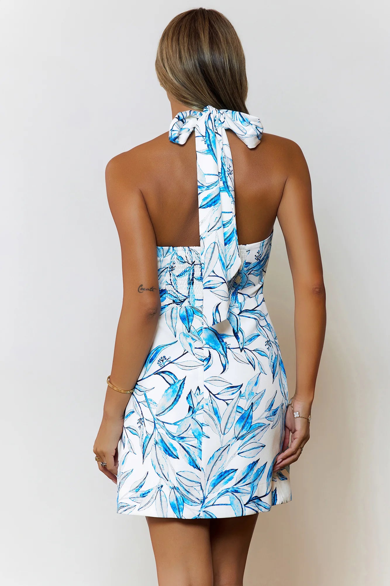Island Bloom Halter Mini Dress Blue