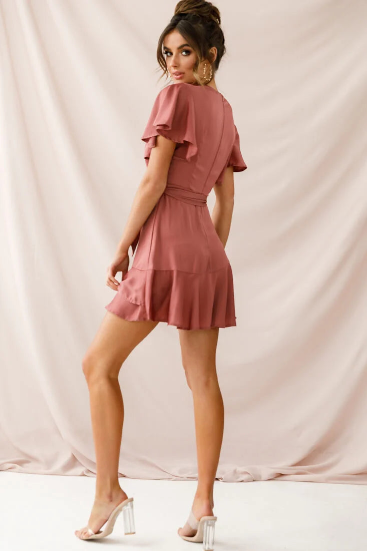 Cami Angel Sleeve Faux Wrap Dress Rose