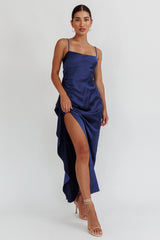 Night Swim Satin Leg Slit Maxi Dress Navy
