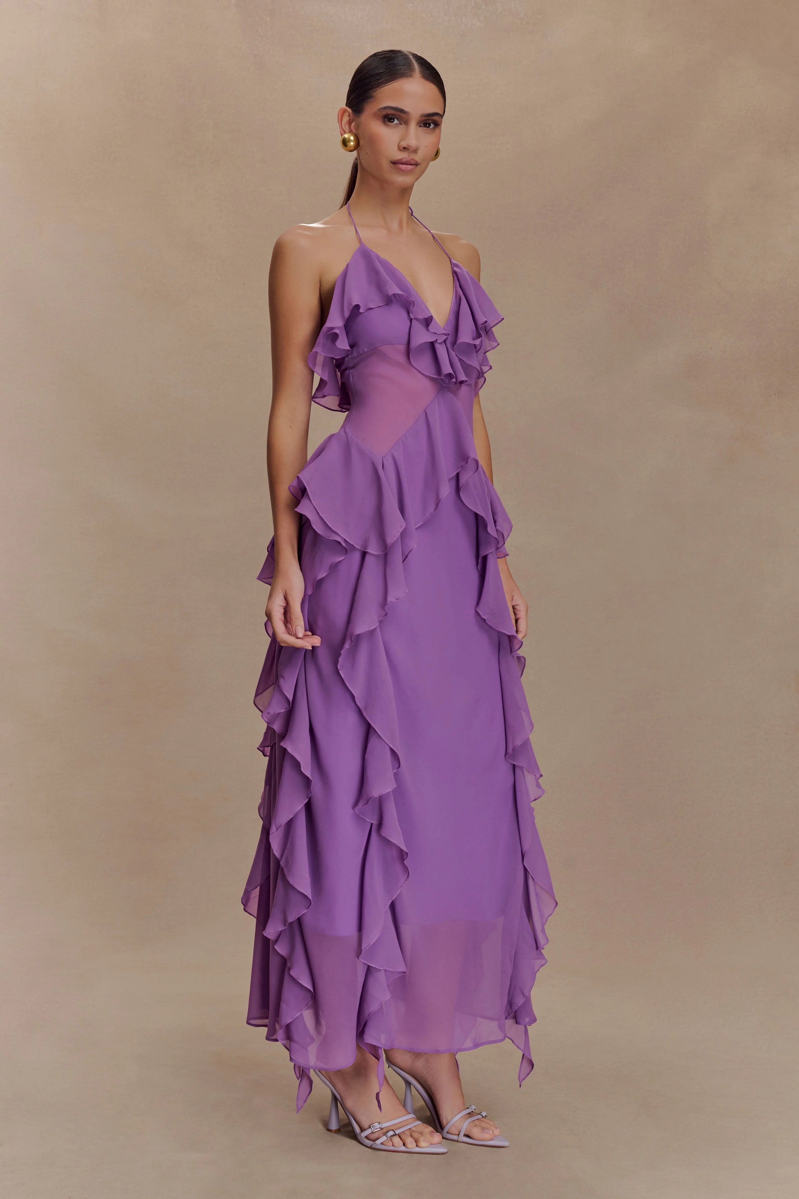 Aleyna Chiffon Ruffle Midi Dress - Purple
