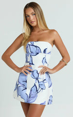 Catharine Mini Dress - Strapless A Line Dress in Blue Floral