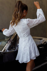 Estelle Long Sleeve V-Neckline Dress Embroidered White