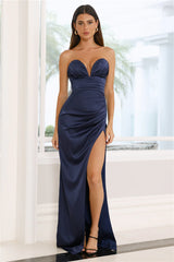 Kiss At Midnight Strapless Satin Maxi Dress Navy