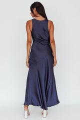 Averie Bow Shoulder Split Midi Dress Navy