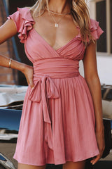 Lola Ruffle Shoulder Ruched Dress Rose