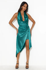 Hour Of Moonlight Halter Satin Midi Dress Green