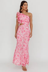 Deanna One-Shoulder Ruffle Midi Dress Floral Pink