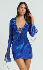 Alesya Mini Dress Ruffle Plunge Neck Long Sleeve Tie Detail Dress in Blue Abstract