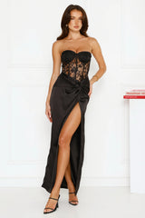 J'adore Lace Satin Strapless Maxi Dress Black