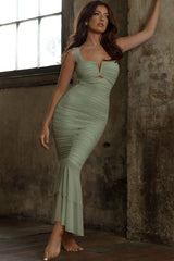 Nadia Ruched Fishtail Maxi Dress Pistachio