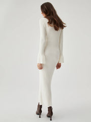 Ribbed Knit Long Sleeve V-neck Collar Long Dress
