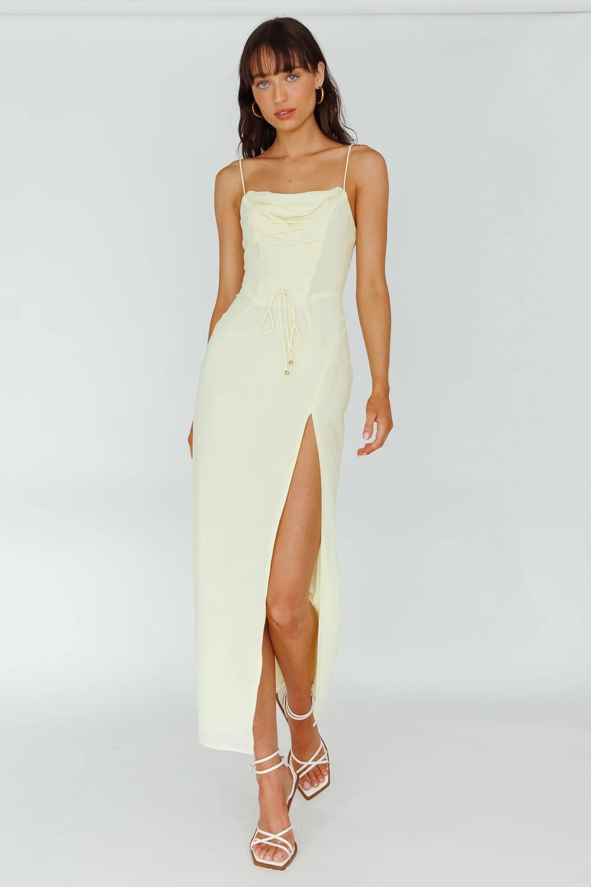 Ryanna Laced Bodice Split Midi Dress Yellow
